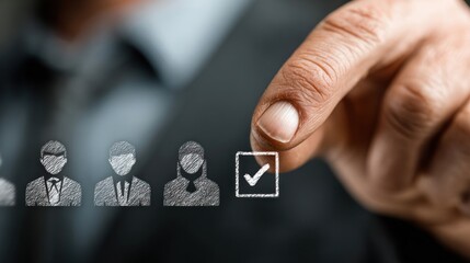 Businessman selecting candidates on digital interface with virtual profile icons and hiring checkmarks