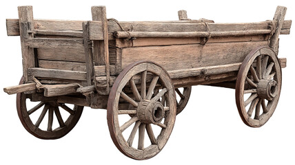 Fototapeta premium Old wooden handcart isolated on transparent background — high-resolution PNG cutout of rustic vintage farm cart with weathered wood texture, clean edges, antique rural transport prop for mockups