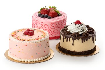 Trio of Decorative Celebration Cakes with Strawberries and Chocolate Drizzle
