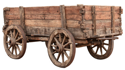 Old wooden handcart isolated on transparent background — high-resolution PNG cutout of rustic vintage farm cart with weathered wood texture, clean edges, antique rural transport prop for mockups
