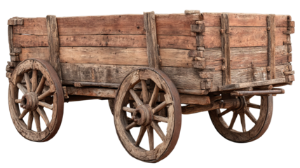 Old wooden handcart isolated on transparent background — high-resolution PNG cutout of rustic vintage farm cart with weathered wood texture, clean edges, antique rural transport prop for mockups