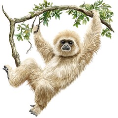 Fototapeta premium Adorable gibbon monkey gracefully swinging from a leafy tree branch.