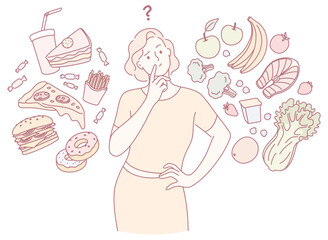 A thoughtful woman is deeply contemplating her choices between healthy food options and indulgent treats