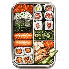 Delicious Bento Box Filled With Fresh Sushi and Salmon.