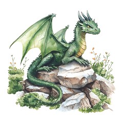 Majestic Green Dragon Rests on Rocky Terrain Amidst Nature's Splendor.