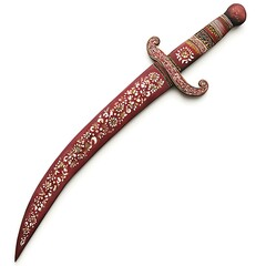 Ornate Ancient Curved Sword with Detailed Floral Inlay and Handle Design.
