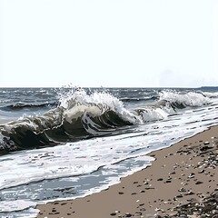 Majestic ocean waves crash onto a serene pebble beach with a stylized artistic flair.