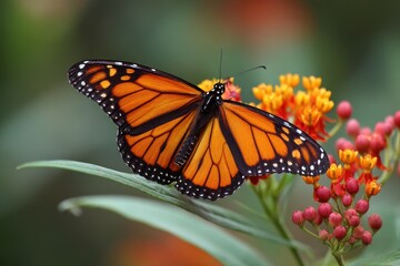 Fototapeta premium Monarch Butterfly On Milkweed. Orange Insect Resting on a Beautiful Flower in Garden
