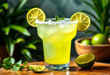 Fototapeta premium Classic margarita, lime, salt rim, glass, table, greenery, alcohol, plant