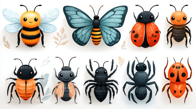  Insect set. Grasshopper, caterpillar, fly, ant, mosquito, bee, spider, butterfly, snail, ladybug, flying insects icons set.Cute cartoon kawaii animal. Flat design. White background. Vector