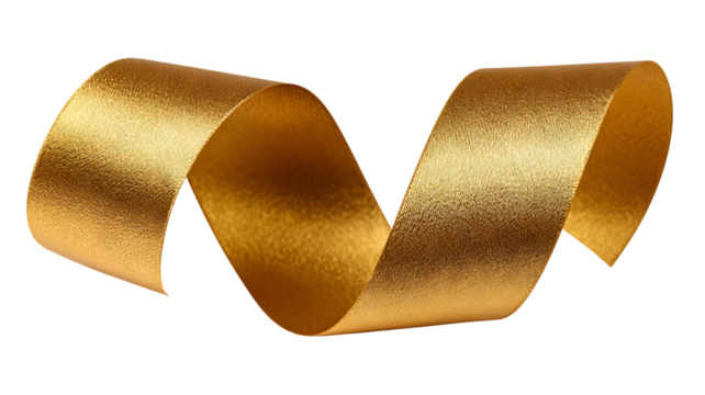 Metallic gold Christmas ribbon swirl with soft shadow, isolated on transparent background — high-resolution PNG cutout for gift wrapping, holiday labels, festive banners, invitations, scrapbooking