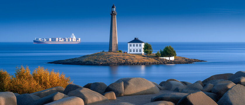 Lighthouse's Guiding Light: A serene coastal vista unfolds, showcasing a classic lighthouse standing steadfast on a small island. A cargo ship adds a touch of contemporary maritime activity. - Powered by Adobe