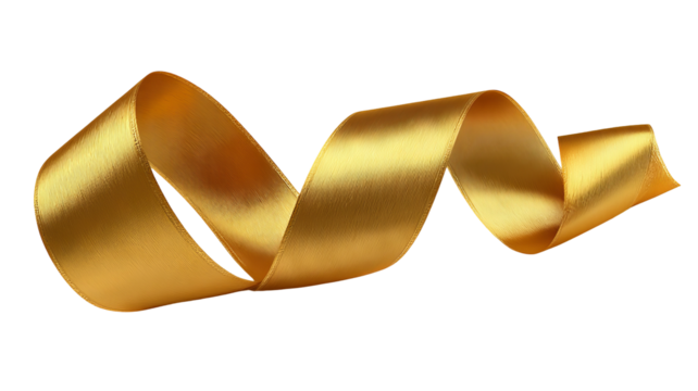 Metallic gold Christmas ribbon swirl with soft shadow, isolated on transparent background — high-resolution PNG cutout for gift wrapping, holiday labels, festive banners, invitations, scrapbooking