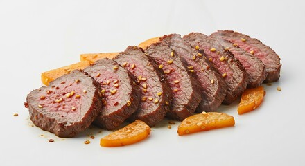 焼き肉 薄切りジューシー 柑橘添え 上品な光沢 食欲をそそる. AI Generated