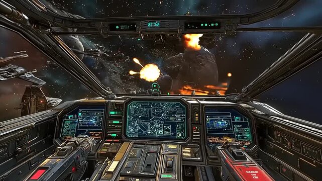 Immersive cockpit view of a futuristic spaceship engaged in intense space battle