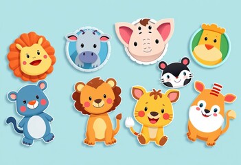 Fototapeta premium Colorful cartoon animal badges for kids' playroom, party, or play zone Flat vector illustration, background, cheerful