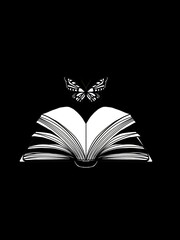 Minimalist illustration of an open book with a butterfly flying above it on a bright yellow background, symbolizing knowledge, freedom, and imagination. open book on black background