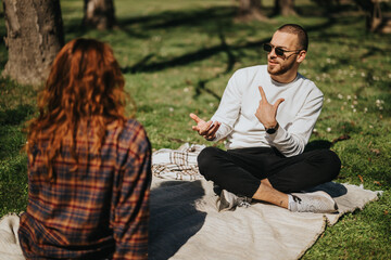 Couple sitting on a blanket in a sunny park, engaging in a lively conversation. The grassy surroundings and trees create a peaceful, relaxed atmosphere suitable for bonding and meaningful discussions.