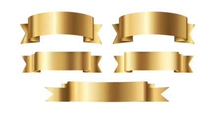 Vector illustration set of elegant gold ribbon banners and labels — shiny metallic badges for premium products, luxury advertising, awards and promotions — high-resolution transparent background PNG