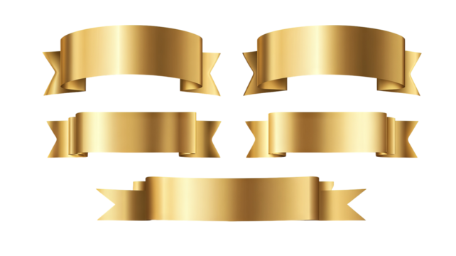 Vector illustration set of elegant gold ribbon banners and labels — shiny metallic badges for premium products, luxury advertising, awards and promotions — high-resolution transparent background PNG