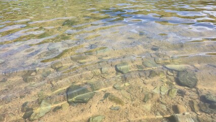 Transparent shallow river water revealing smooth stones and colorful pebbles beneath