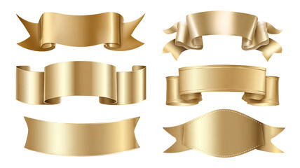 Vector illustration set of elegant gold ribbon banners and labels — shiny metallic badges for premium products, luxury advertising, awards and promotions — high-resolution transparent background PNG