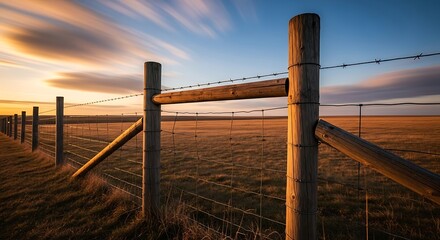 Barbed Wire Fence at Sunset on the Prairie