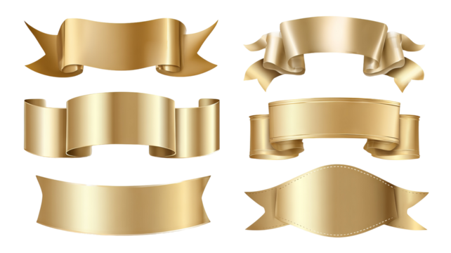 Vector illustration set of elegant gold ribbon banners and labels — shiny metallic badges for premium products, luxury advertising, awards and promotions — high-resolution transparent background PNG