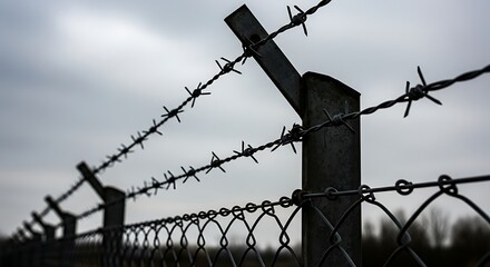 Barbed wire fence silhouette against a gray, overcast sky.