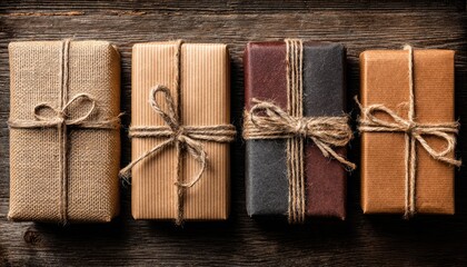 Four Wrapped Presents on Wood Grain Surface
