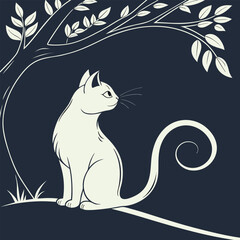 Silhouette of a Sitting Cat with Tail Curled.