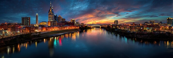 Naklejka premium Nashville City Skyline: Vibrant Evening Colors Illuminate Cityscape by River