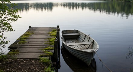 Obraz premium Wooden Dock with Moss and Rowboat on Calm Lake