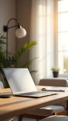 Fototapeta premium Minimal Home Office Setup with Laptop, Notepad, and Sunlit Window – Modern Workspace Photography