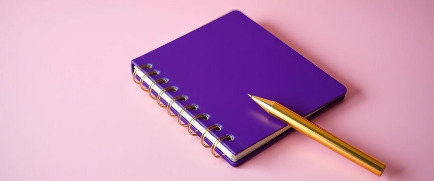 Purple notebook, gold pen, pink background Minimalist stationery for journaling, notes, planning, sophisticated, school