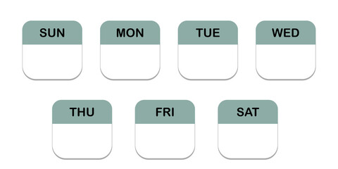 Minimal calendar icon set for seven days of the week, green top and white bottom, rounded square design, modern flat style, UI/UX element,  illustration