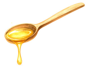 Wooden spoon with dripping honey. Isolated transparent background