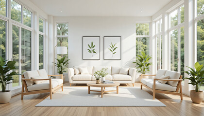Fototapeta premium Bright Modern Living Room with Light Sofa, Two Armchairs, Framed Botanical Prints, Large Windows, and Potted Plants