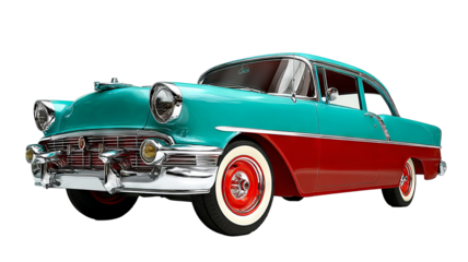 Vintage turquoise and red retro automobile isolated on transparent background — high resolution PNG cutout style classic car illustration with bold colors and nostalgic design, perfect for posters