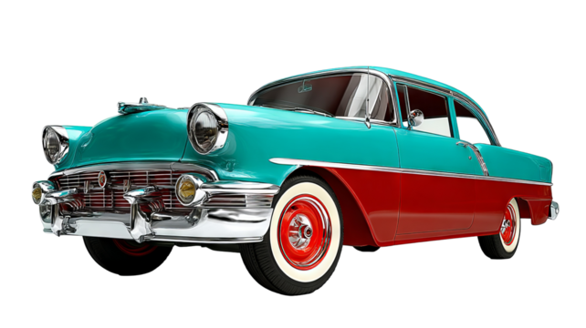 Vintage turquoise and red retro automobile isolated on transparent background — high resolution PNG cutout style classic car illustration with bold colors and nostalgic design, perfect for posters