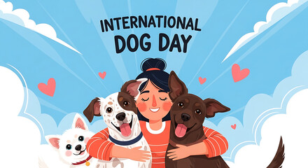 International Dog Day celebration vector illustration with happy woman hugging her three adorable dogs