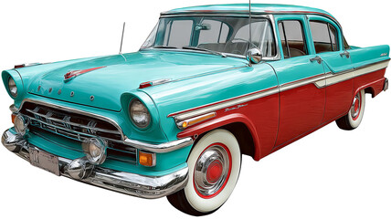 Fototapeta na wymiar Vintage turquoise and red retro automobile isolated on transparent background — high resolution PNG cutout style classic car illustration with bold colors and nostalgic design, perfect for posters