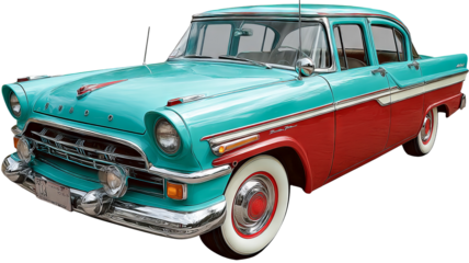 Vintage turquoise and red retro automobile isolated on transparent background — high resolution PNG cutout style classic car illustration with bold colors and nostalgic design, perfect for posters