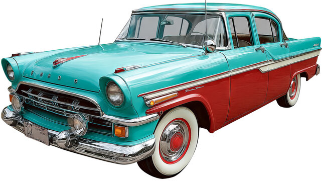 Vintage turquoise and red retro automobile isolated on transparent background — high resolution PNG cutout style classic car illustration with bold colors and nostalgic design, perfect for posters