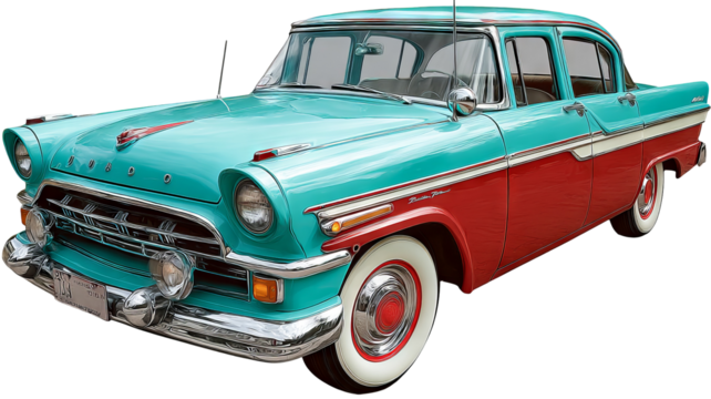 Vintage turquoise and red retro automobile isolated on transparent background — high resolution PNG cutout style classic car illustration with bold colors and nostalgic design, perfect for posters