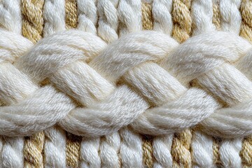 Close-up of a woven textile with an interlaced pattern of creamy white and light beige threads