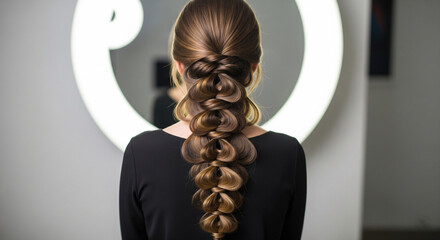 Woman s back with intricate braided hairstyle and round mirror reflection