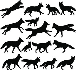 Wolf silhouettes, running wolf, walking wolf, jumping wolf, standing wolf vector, wild canine shapes, predator animal illustration, isolated wildlife graphic icons