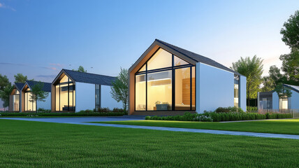 Obraz premium Modern house, glowing window, evening, green lawn, minimalist, residential