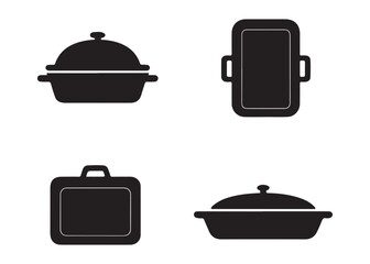Simple Black Silhouettes:  Four Cooking Dishes, Baking Pan, Lidded Pots,  Kitchen Utensil Icons.